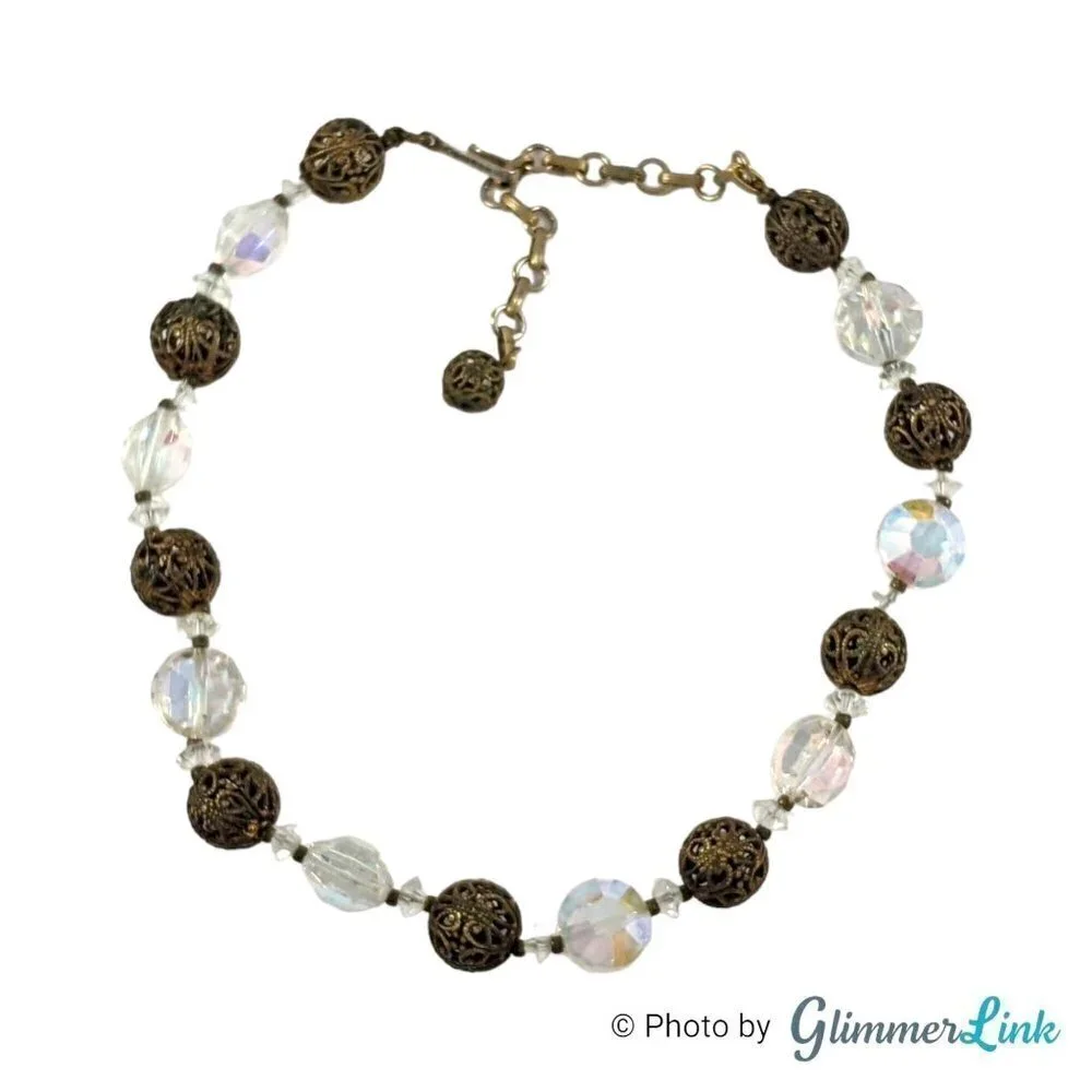 Vintage 1960s Lisner Aurora Borealis Filigree Beads Choker Necklace